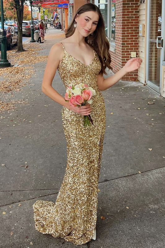 Gold Sequin Backless Mermaid V-Neck Long Formal Dresses