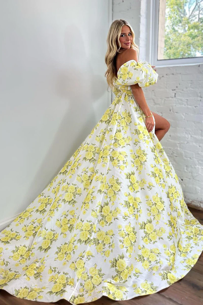 Chic A-Line Strapless Floral Print Satin Long Prom Dresses