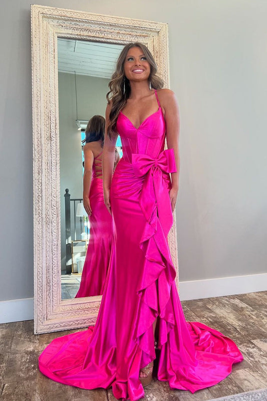 Charming Mermaid Pink Satin Slit V Neck Prom Dresses