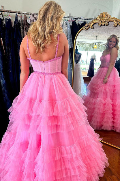 Pink Ruffle Tiered Tulle Sweetheart Long Prom Dresses