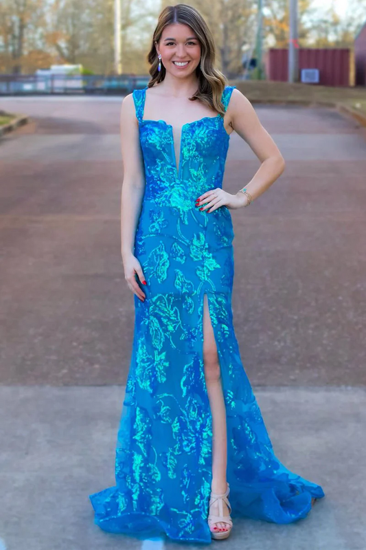 Blue Sequins Mermaid Long Lace Prom Dresses