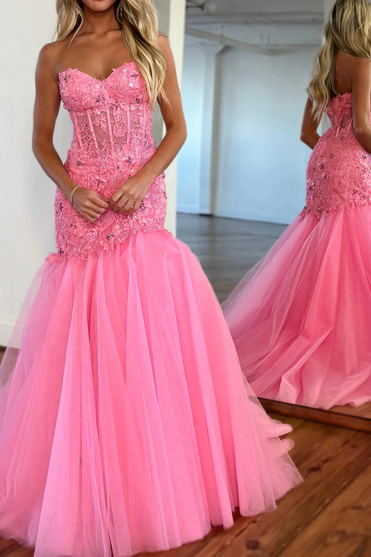 Pink Corset Sweetheart Tulle Mermaid Long Prom Dresses