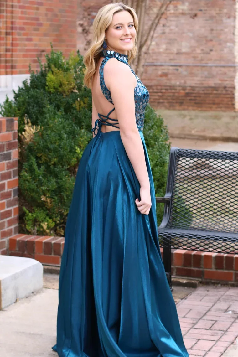 Long Teal Cut Glass Mirror Halter Formal Dresses,BD93194