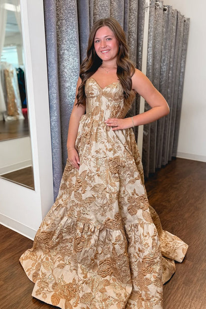 Ball Gown Strapless Gold Jacquard Satin Long Prom Dresses