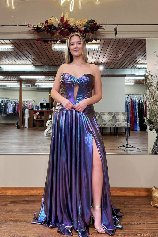 A Line Sweetheart Keyhole Metallic Satin Pleat Prom Dresses