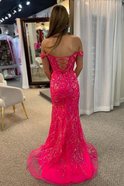 Mermaid Off the Shoulder Hot Pink Sequins Lace Prom Dresses