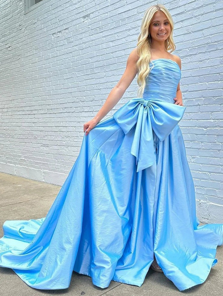 Cute A Line Strapless Light Blue Taffeta Slit Prom Dresses