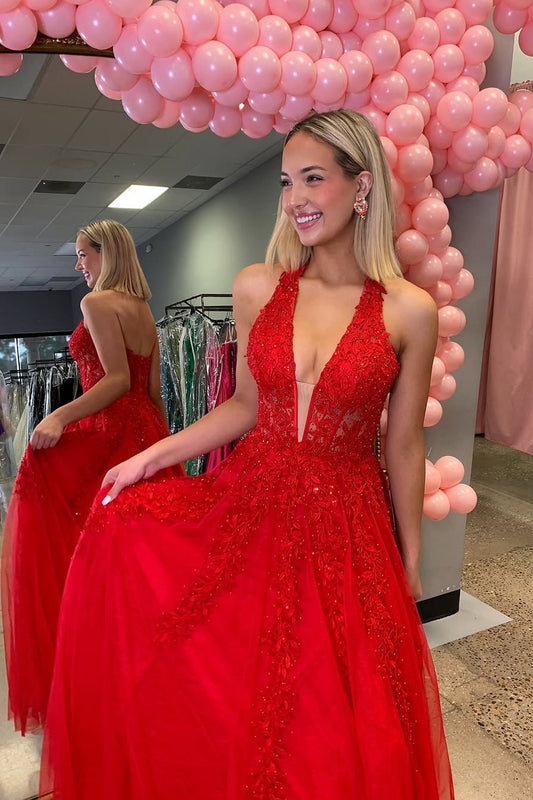 A-Line Halter Red Tulle Long Prom Dresses