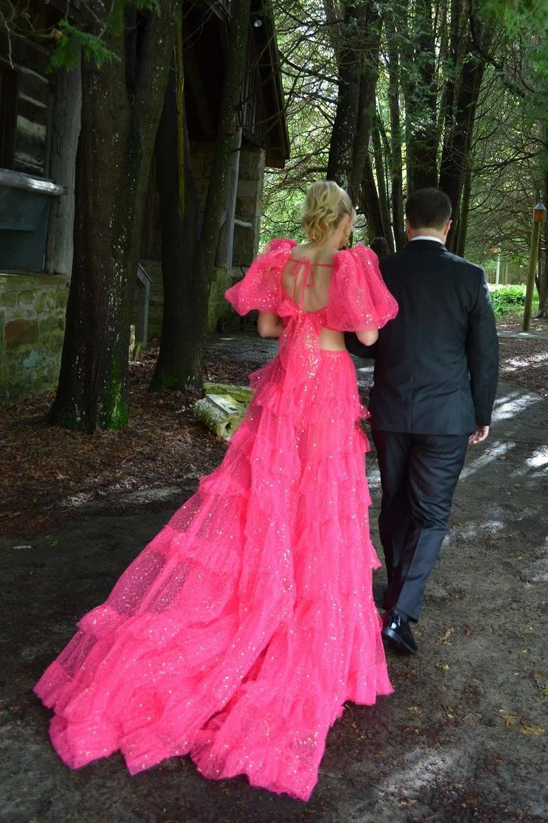 Fuchsia Two Piece Sweetehart Sparkly Tulle Long Prom Dresses