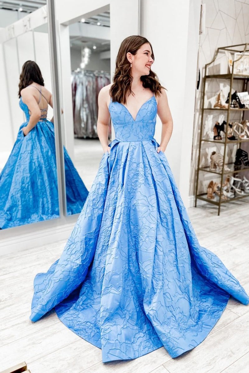 Blue V Neck Satin A-Line Prom Dresses