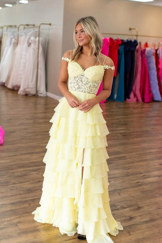 A-Line Cold Shoulder Yellow Ruffle Tiered Long Prom Dresses