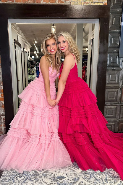 Pink V Neck Tiered Tulle Long Prom Dresses