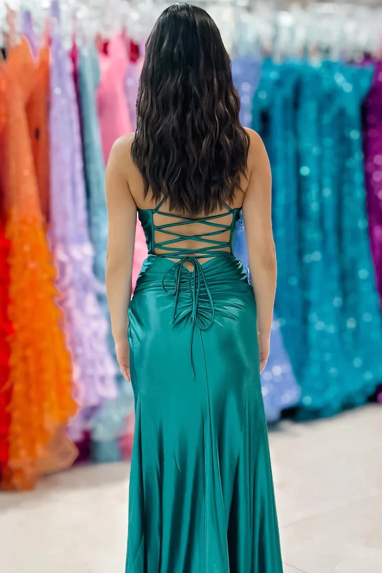 Emerald Sweetheart Lace-Up Ruched Long Formal Dresses