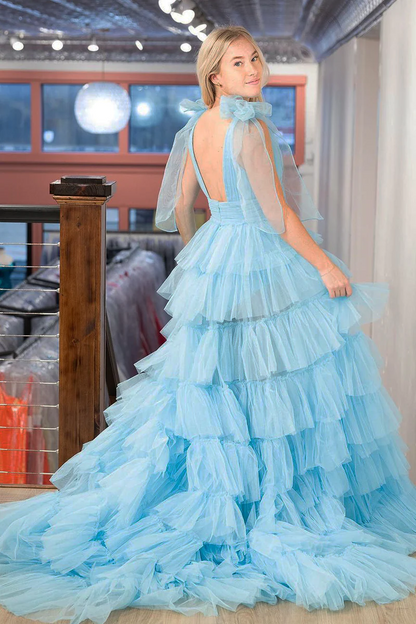 Light Blue Tulle  Deep V Neck Tiered Long Prom Dresses