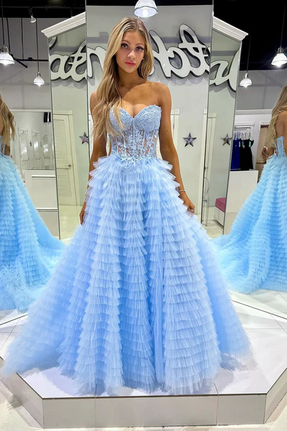 Light Blue Sweetheart Tiered Tulle Long Prom Dresses,BD93198