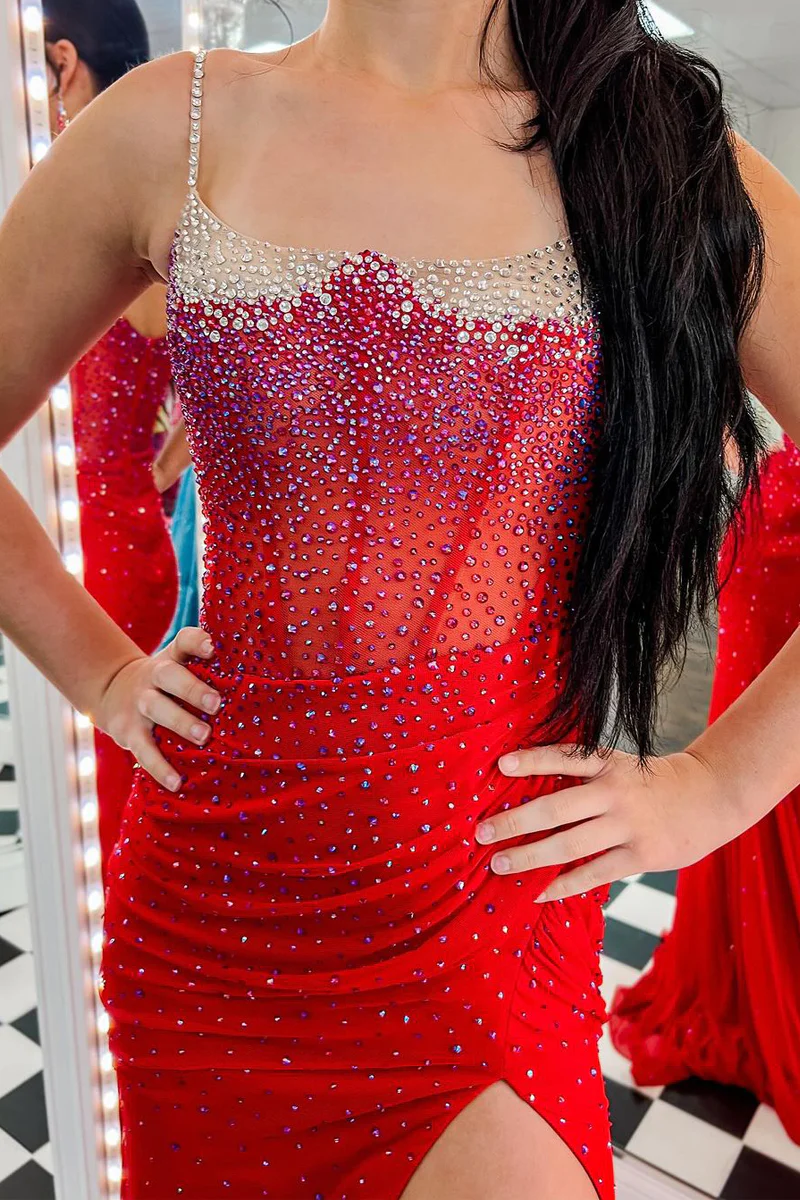 Red Scoop Neck Beaded Mermaid Long Prom Dresses