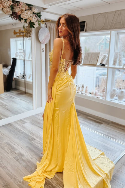 Sheath Sweetheart Yellow Satin Mermaid Prom Dresses