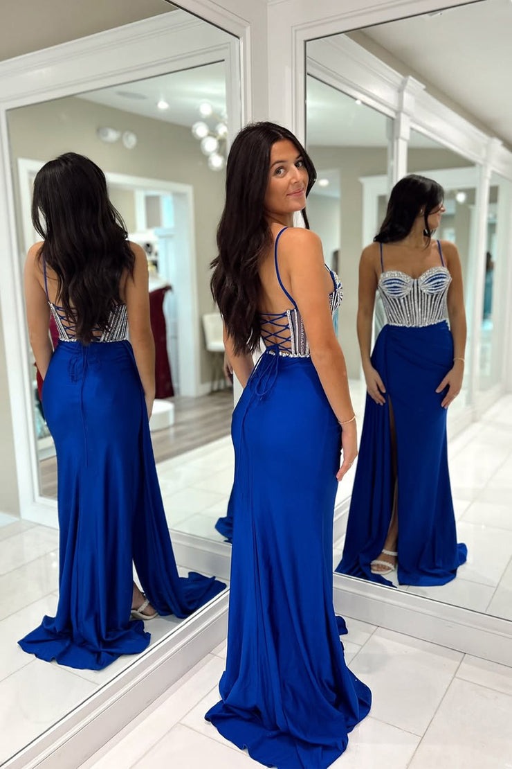 Sweetheart Neck Royal Blue Satin Mermaid Prom Dresses