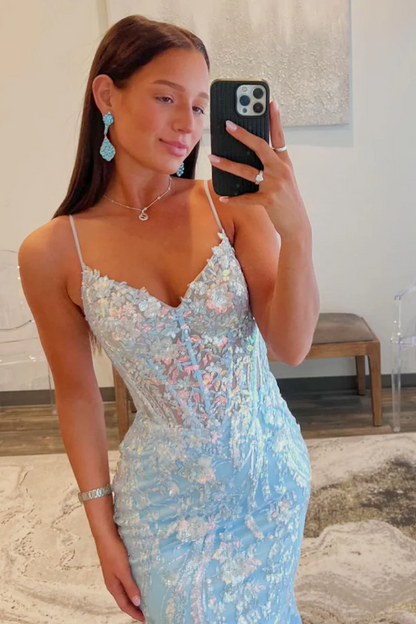 Light Blue Sequins Appliques V Neck Long Prom Dresses,BD93179