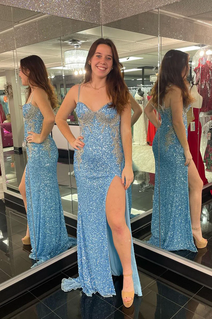 Blue Sequins Sweetheart Mermaid Long Prom Dresses