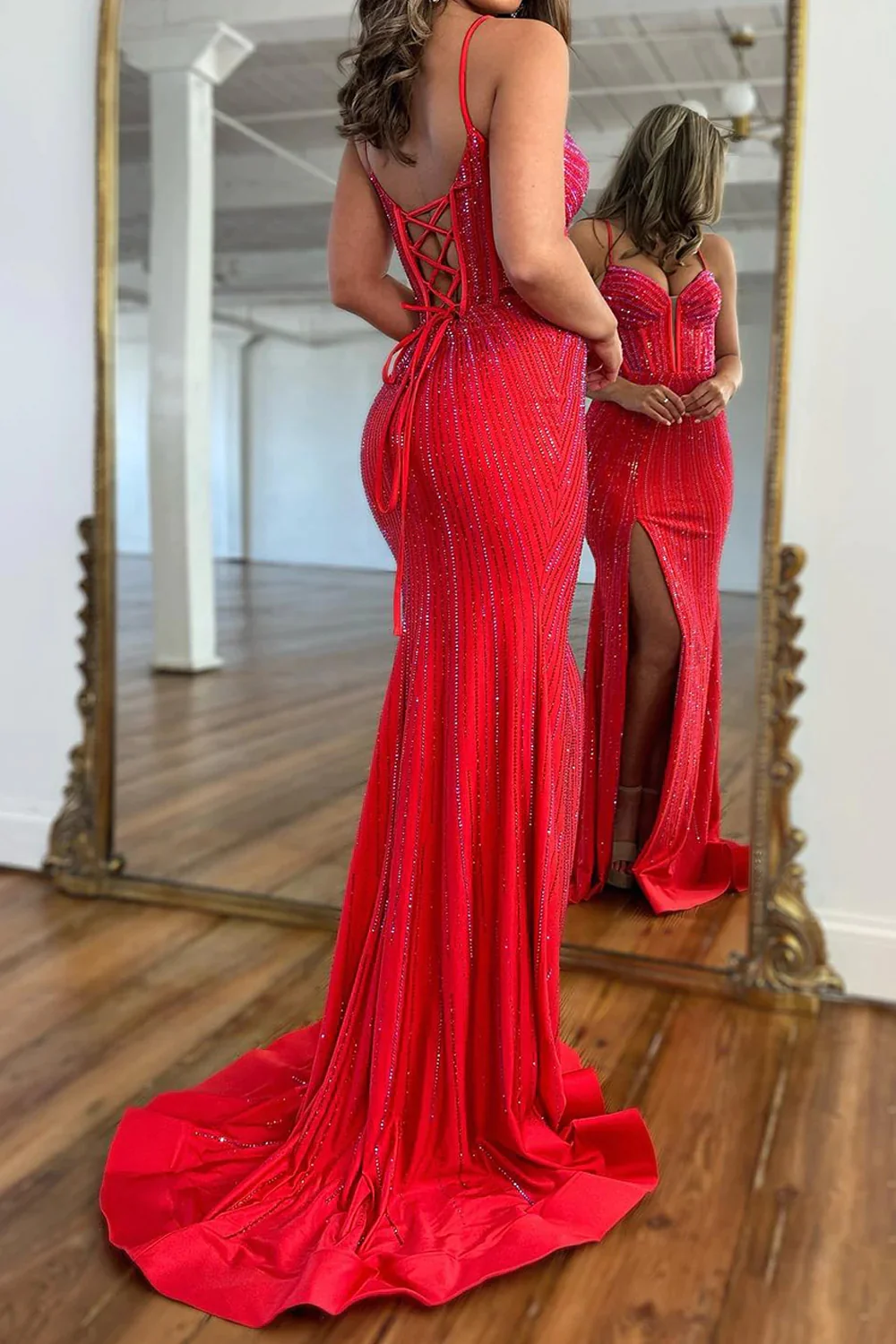 Long Sparkly Red Beaded Corset Prom Dresses