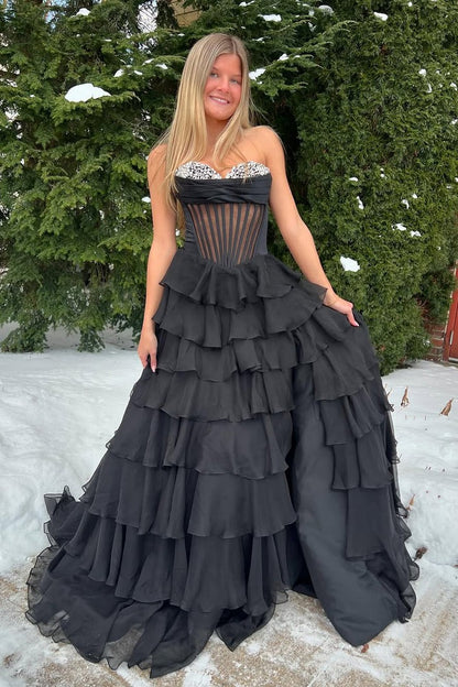 A Line Sweetheart Black Chiffon Tiered Long Prom Dresses