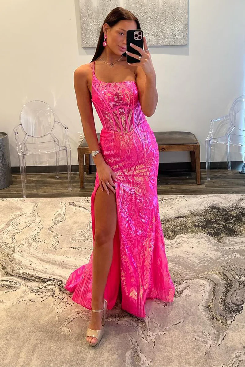 Mermaid One Shoulder Fuchsia Sequins Lace Long Prom Dresses