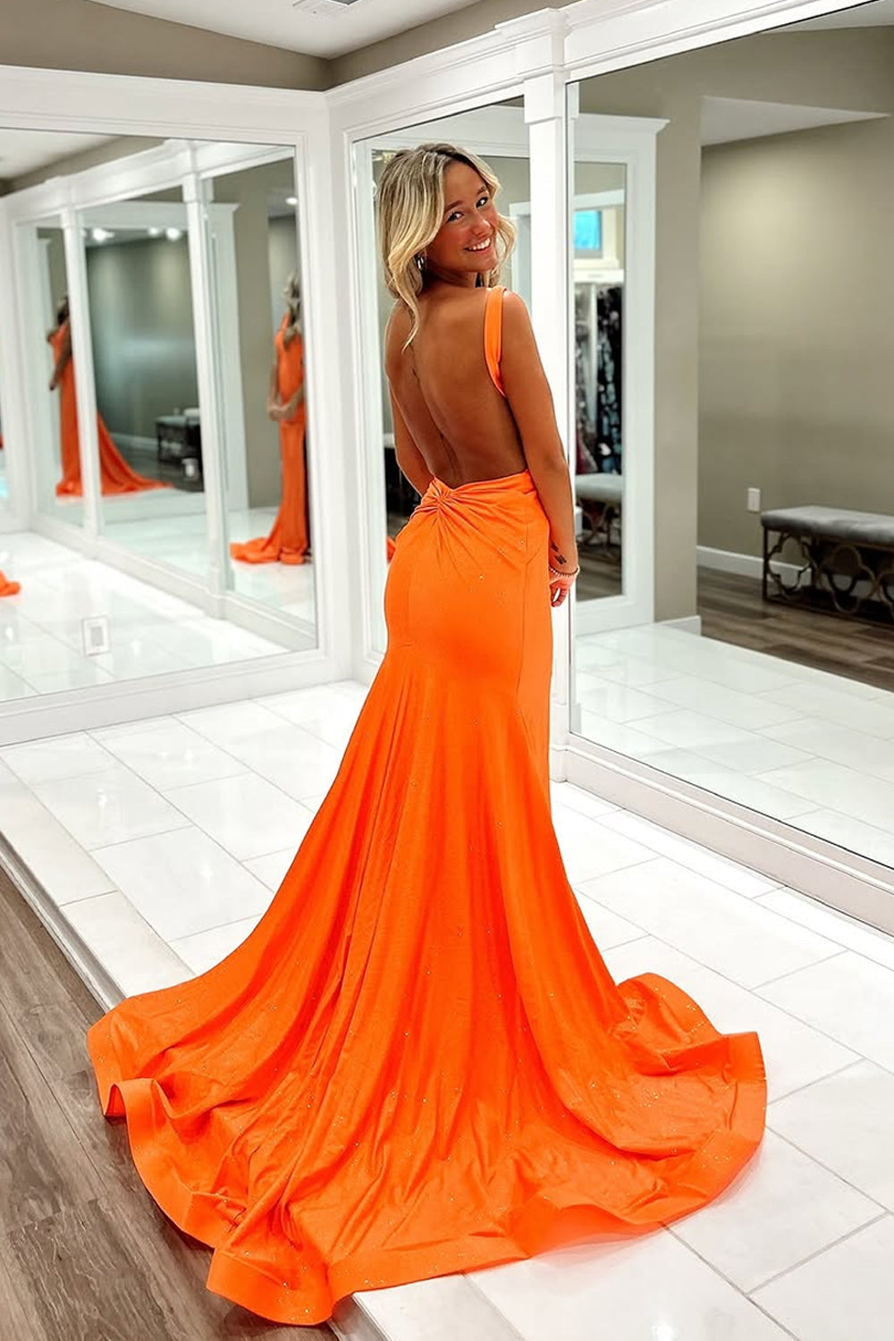 Mermaid V Neck Orange Satin Long Prom Dresses