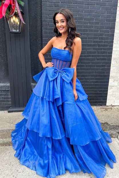 Ball Gown Strapless Organza Royal Blue Prom Dresses