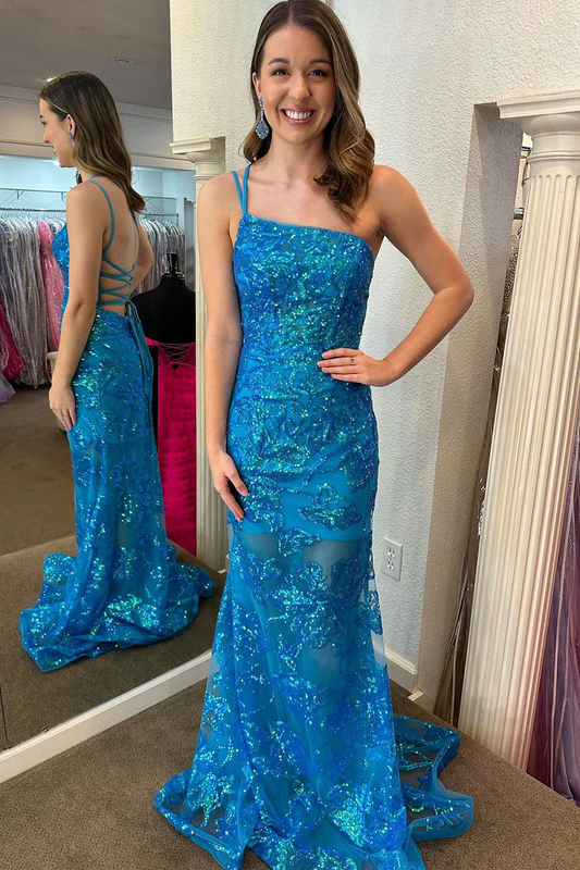 One Shoulder Lace Sequin Long Mermaid Prom Dresses