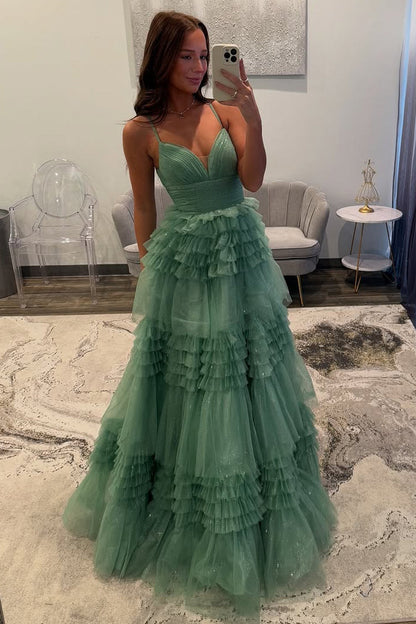 A-Line V Neck Sage Green Tulle Long Prom Dresses