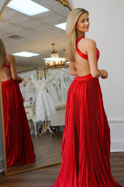 A-Line Halter keyhole Cutouts Red Satin Pleated Long Prom Dresses