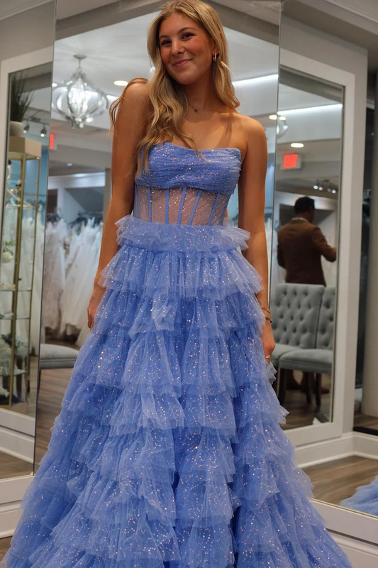 Sparkly Long A-Line Strapless Tiered Tulle Prom Dresses