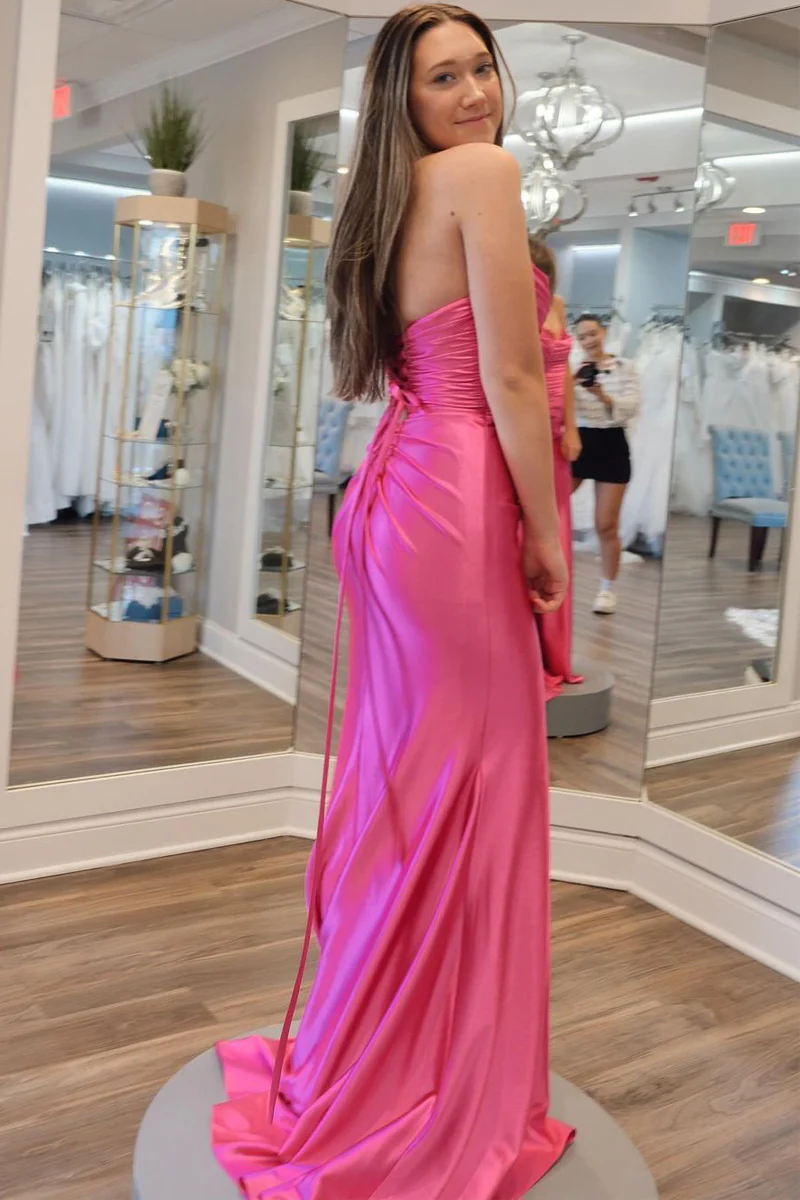 Mermaid Pink Satin Long Sweetheart Prom Dresses