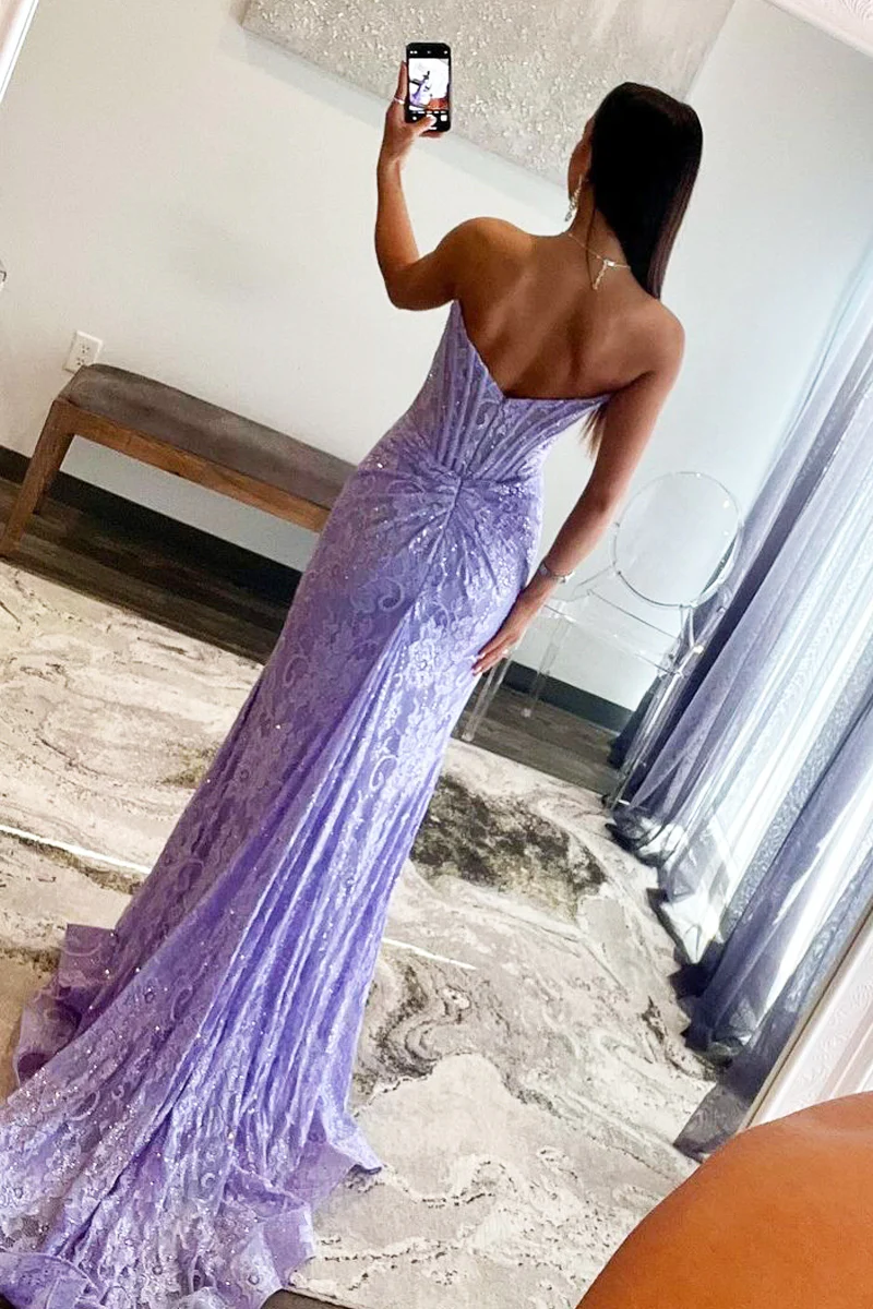 Lavender Lace Strapless Long Mermaid Prom Dresses,BD93183