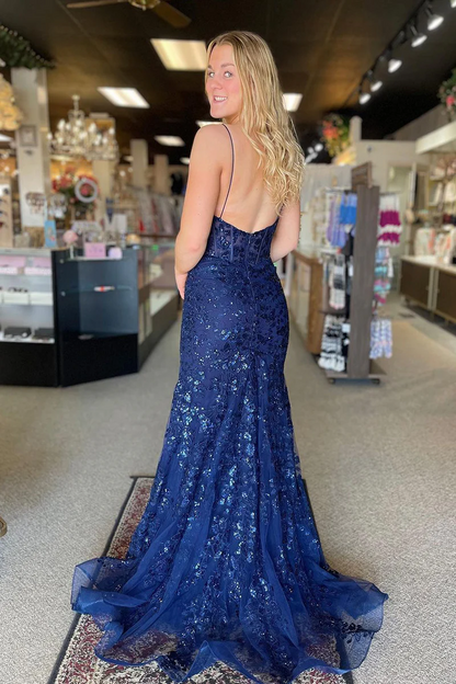 Navy Scoop Neck Sequin Lace Mermaid Long Prom Dresses