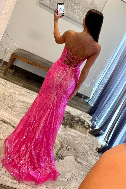 Mermaid One Shoulder Fuchsia Sequins Lace Long Prom Dresses