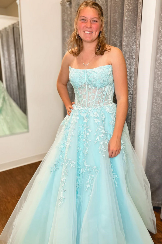 Aqua Blue Appliques Strapless A-Line Long Prom Dresses