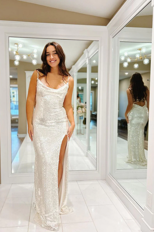 Mermaid White Sequins Cowl Neck Long Prom Dresses