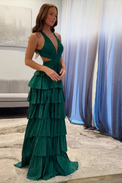 Halter Sparkly Green Ruffle Tiered A-Line Long Prom Dresses