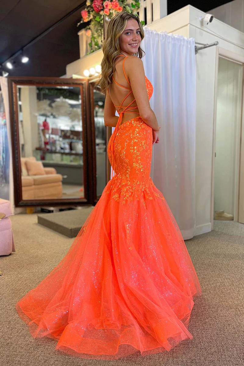 Orange V Neck Tulle Mermaid Long Prom Dresses with Appliques