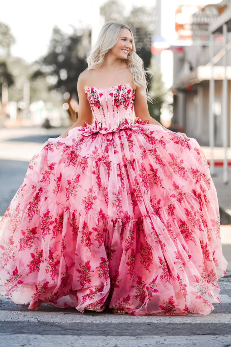 A Line Scoop Neck Chiffon Floral Tiered Long Prom Dresses