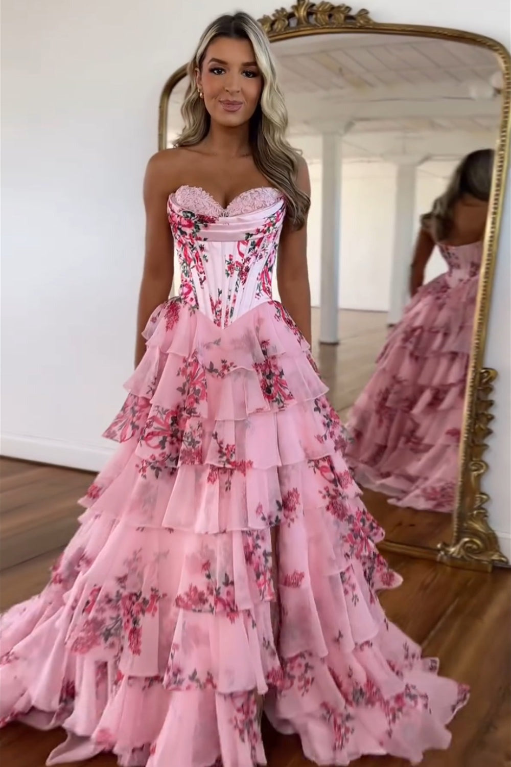 Charming A Line Chiffon Sweetheart Blush Printed Long Prom Dresses