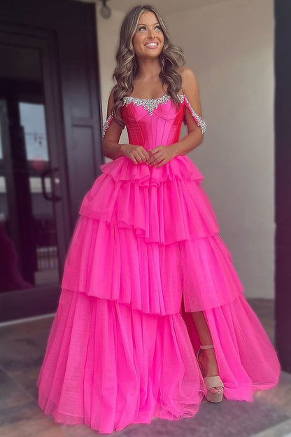 Cute A Line Off the Shoulder Hot Pink Tulle Long Prom Dresses