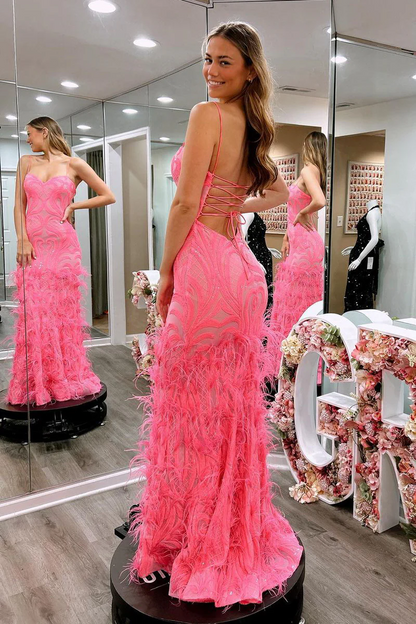 Pink Sweetheart Sequins Lace Mermaid Long Prom Dresses