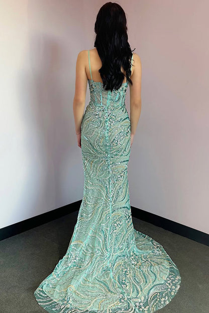 Mermaid V Neck Mint Sequin Lace Long Prom Dresses