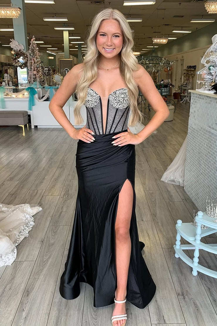 Mermaid V Neck Black Satin Long Prom Dresses