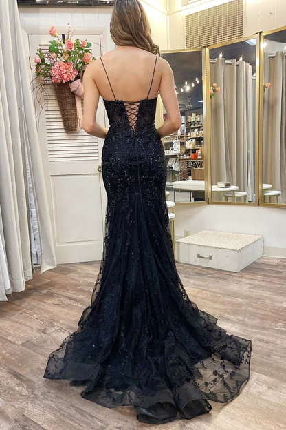 Black Appliques Plunge V Lace-Up Trumpet Prom Gown