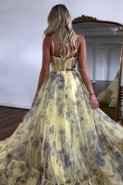 A Line Straps Printed Yellow Long Prom Dresses