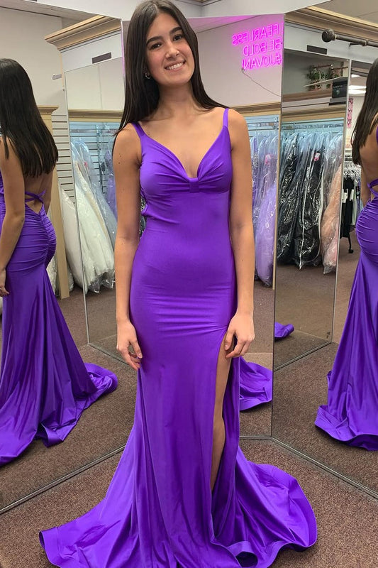 Charming Mermaid V Neck Purple Satin Long Prom Dresses